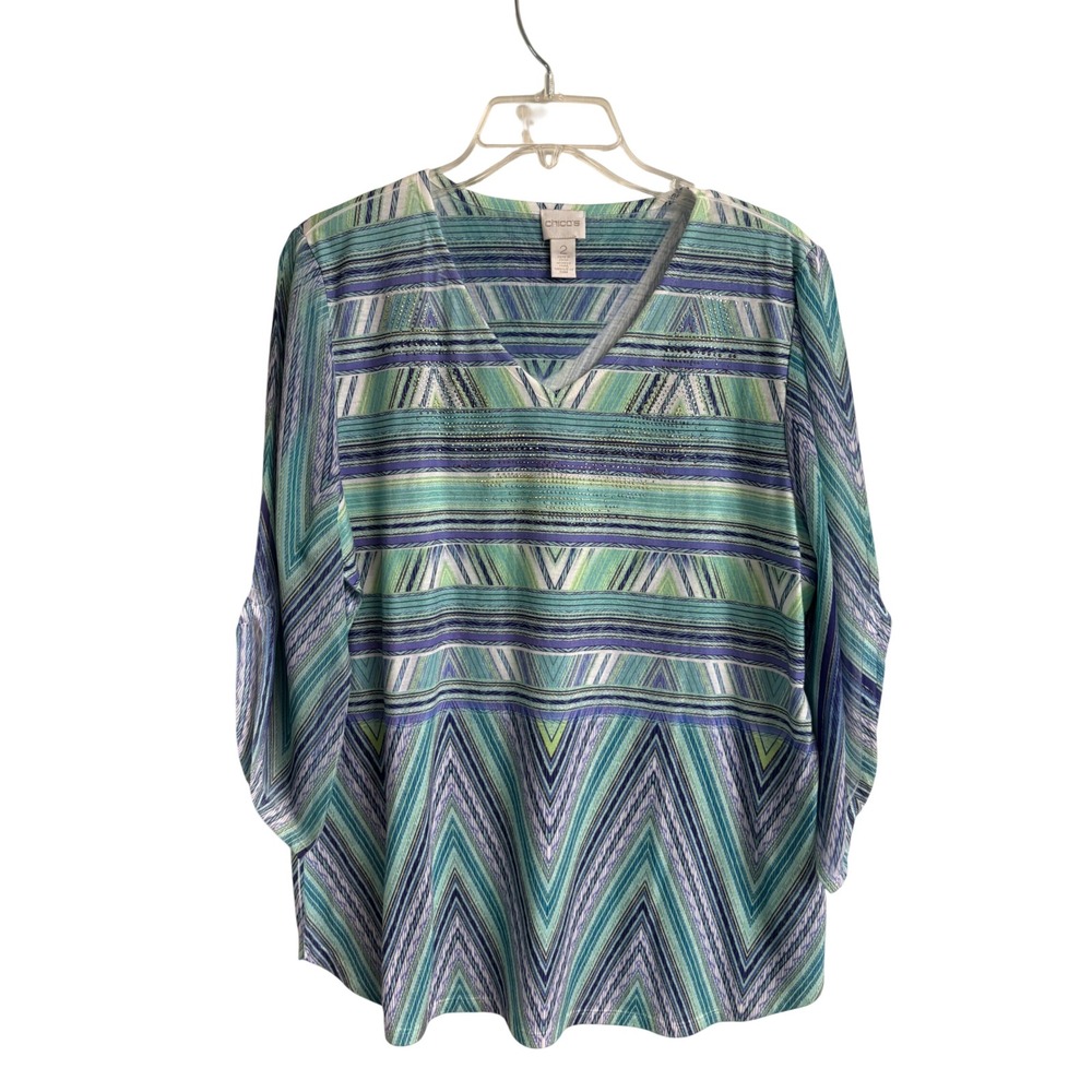 Chicos Blue Green Geometric Stripe Rhinestone V-Neck Split Sleeve Top Size‎ 2 L